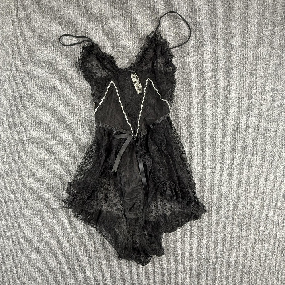 VTG Sheer Lace Teddy Womens Medium Black Floral Beaded Trim Ruffle Hem‎ Lingerie